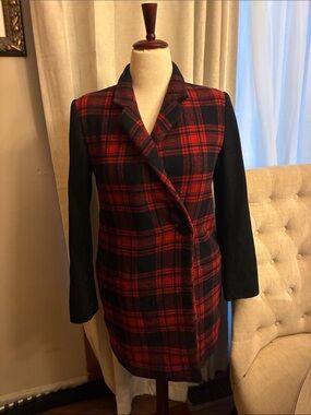 GAP Women's Wool Blend  Red Black Plaid Long Coat Jacket Sz Small